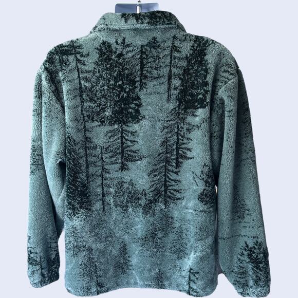Ocean East M Vintage Fleece Zip Up Jacket Green Forest Print 90s Relaxed Fit - Picture 2 of 5